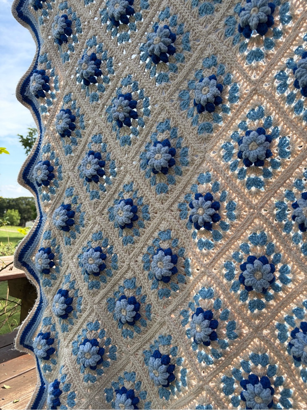 3D granny square Blue & Cream Crochet Throw Blanket with zigzag edge 56x87”